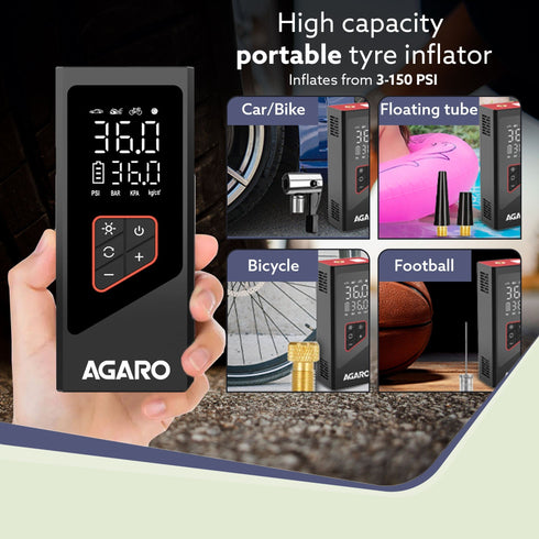 Regency Cordless Tyre Inflator, Portable Air Compressor, Flash Light, Power Bank, Multipurpose Use, Rechargeable, Up to 150 Psi Air Pump for Car, Bike, Foot Balls, Inflatables